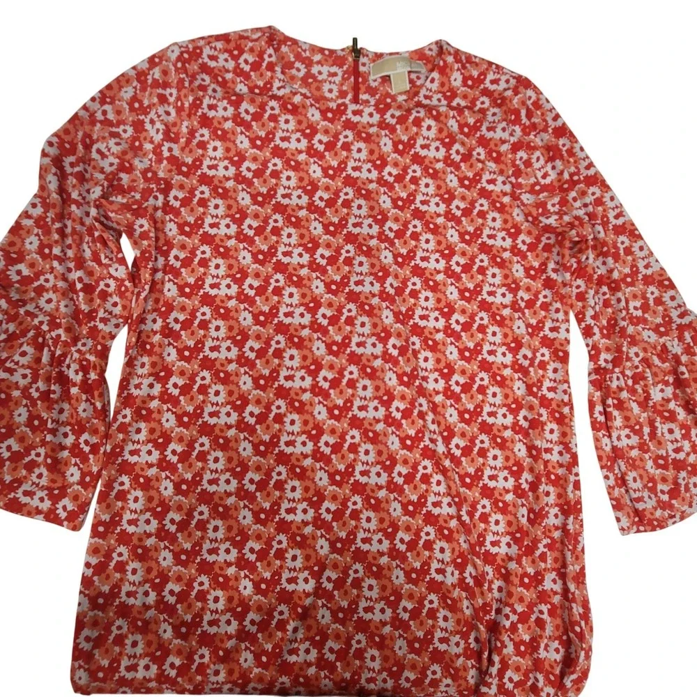Michael Kors Floral Print Bell Sleeve Dress Womens Red Orange‎